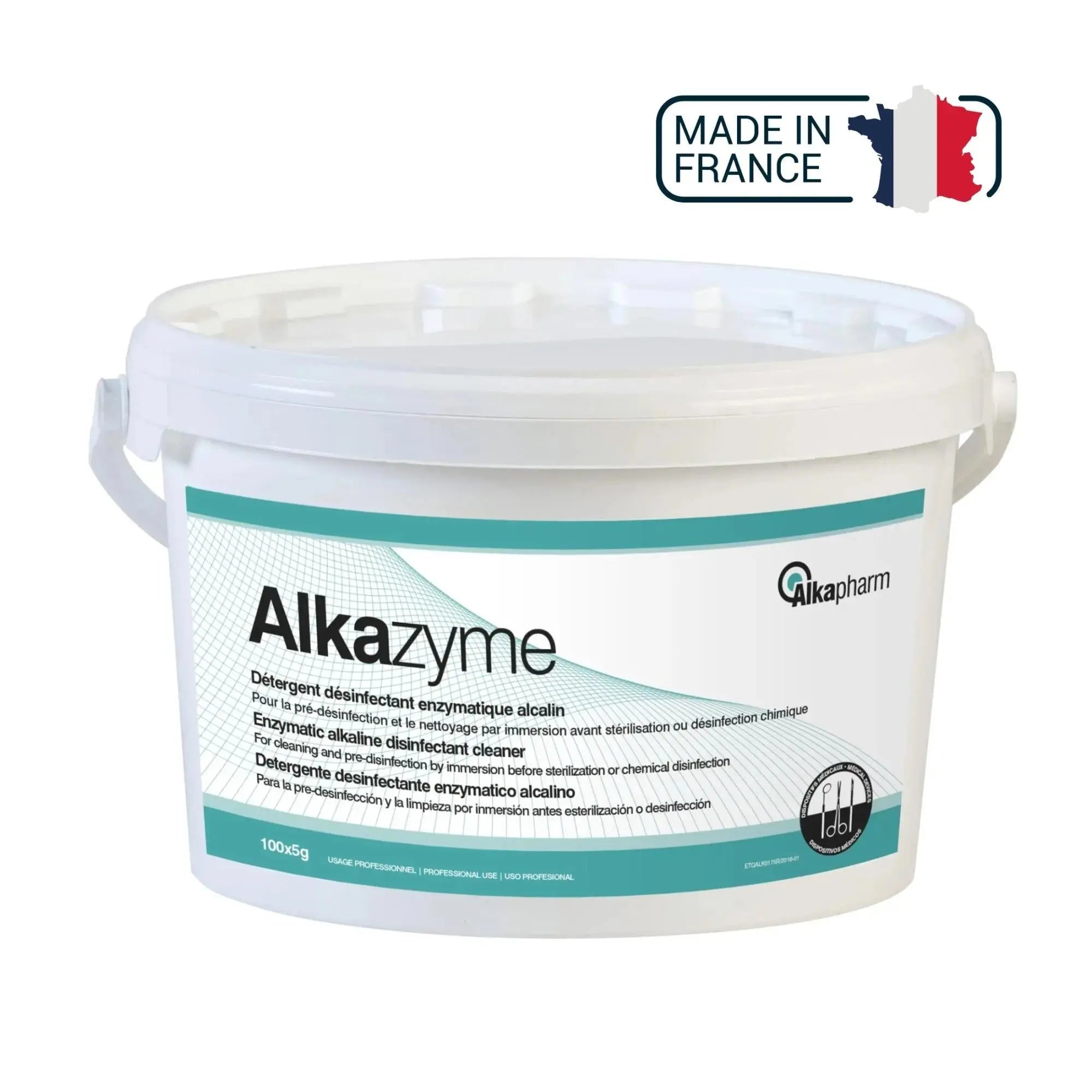 Alkazyme - Détergent désinfectant enzymatique alcalin - Seau - 100 x 5 g - Alkapharm - My Podologie