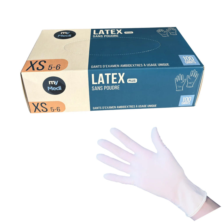 Gants d'examen - Latex - Sans poudre - Ambidextres - Boite de 100 - My Podologie MP  XS