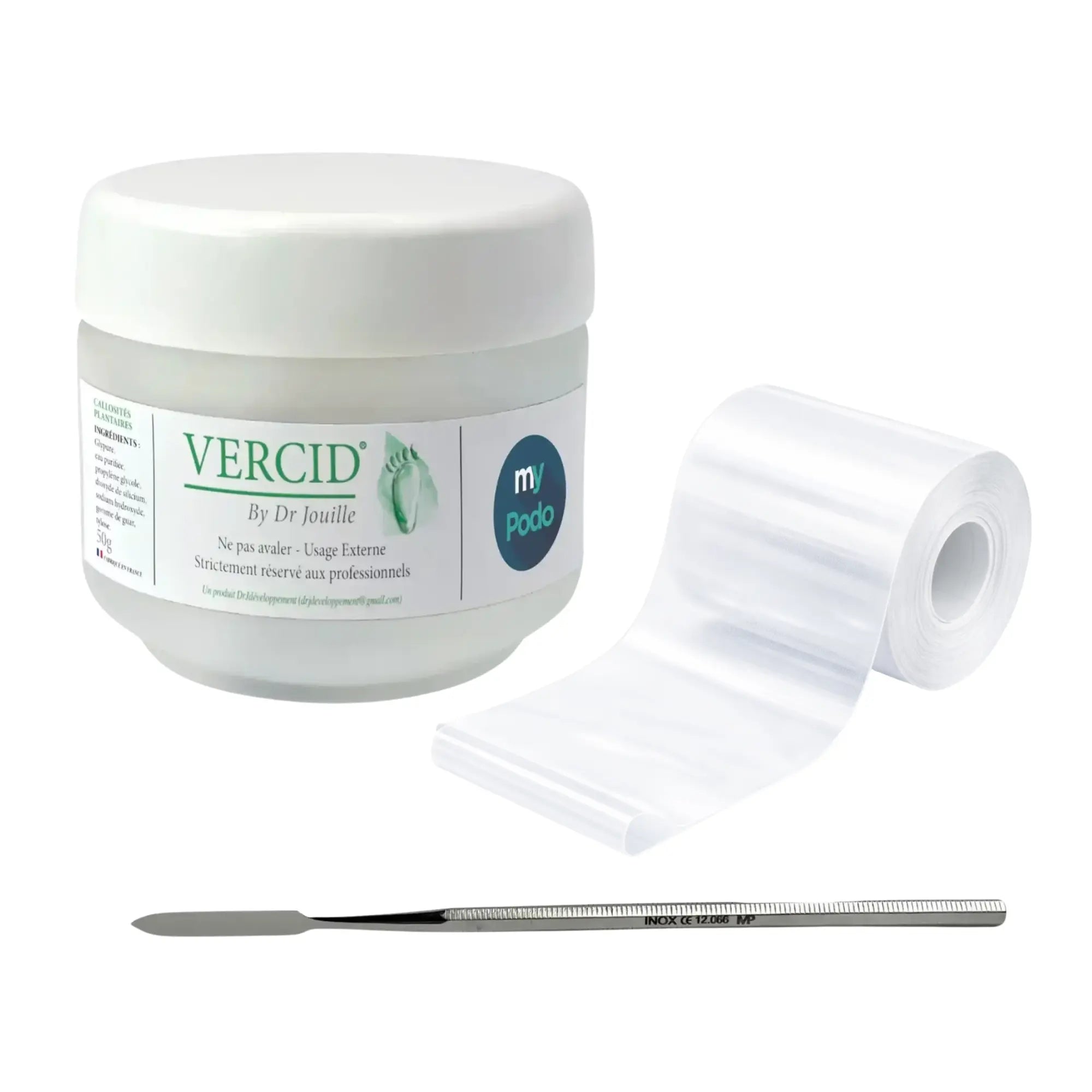 Kit Vercid du Docteur Jouille - Pot 50 g + Spatule à ciment + Rouleau de pansement adhésif transparent Vercid by Dr Jouille 